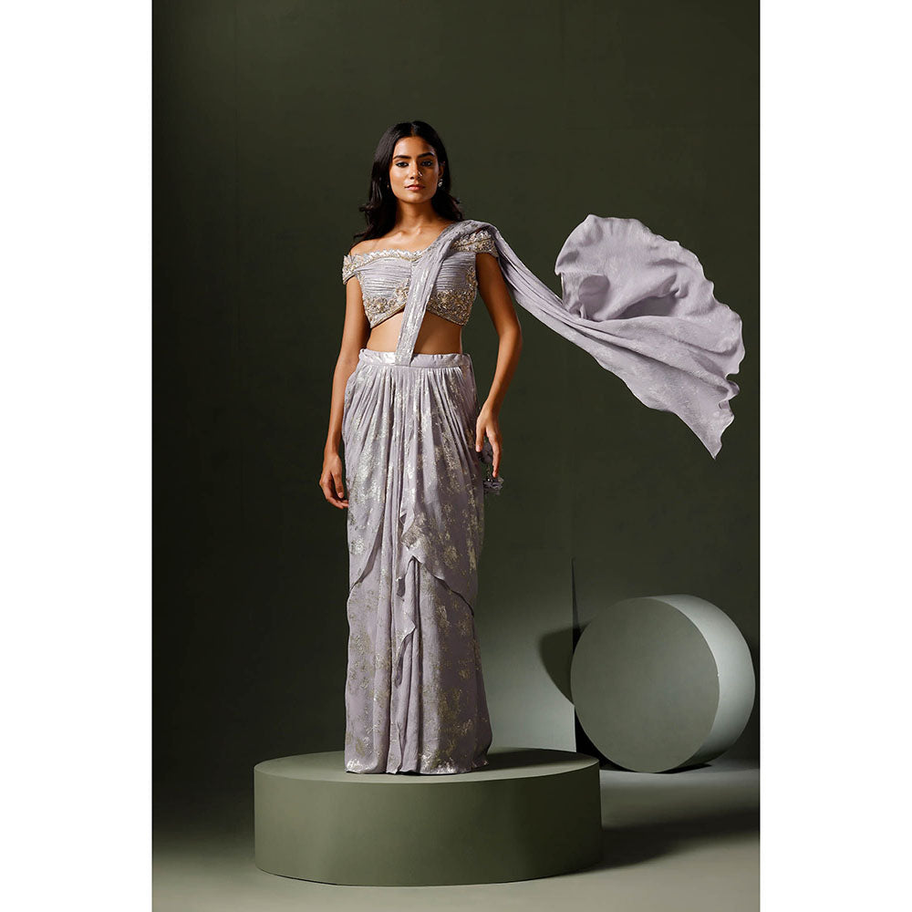 "Two Sisters" by Gyans Lavender Foil Print Drape Saree with Stitched Blouse