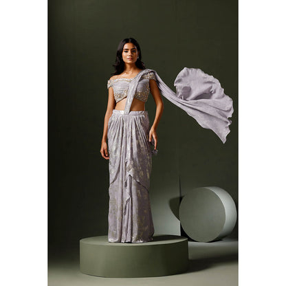"Two Sisters" by Gyans Lavender Foil Print Drape Saree with Stitched Blouse
