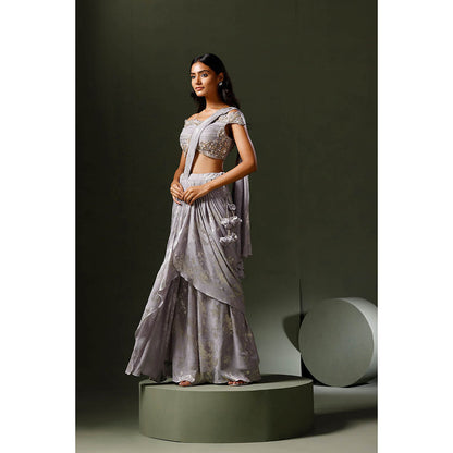 "Two Sisters" by Gyans Lavender Foil Print Drape Saree with Stitched Blouse