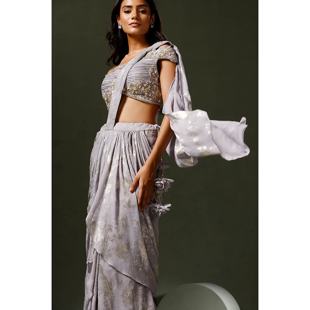"Two Sisters" by Gyans Lavender Foil Print Drape Saree with Stitched Blouse