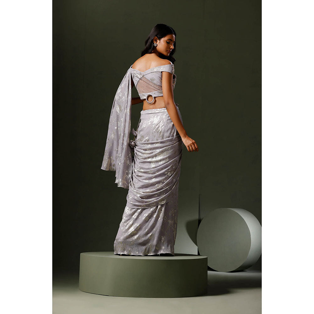 "Two Sisters" by Gyans Lavender Foil Print Drape Saree with Stitched Blouse