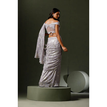 "Two Sisters" by Gyans Lavender Foil Print Drape Saree with Stitched Blouse