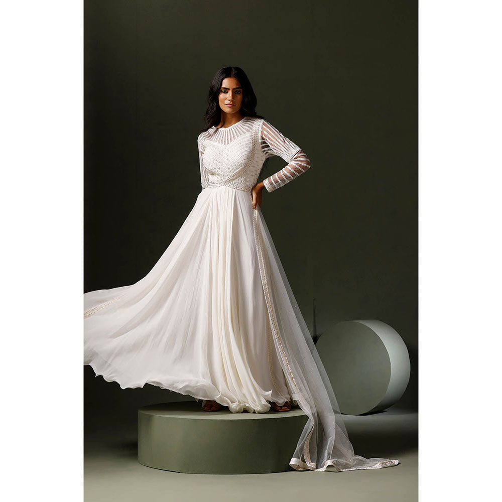 "Two Sisters" by Gyans White Lace and Crystal Anarkali with Bodice Net and Dupatta (Set of 3)