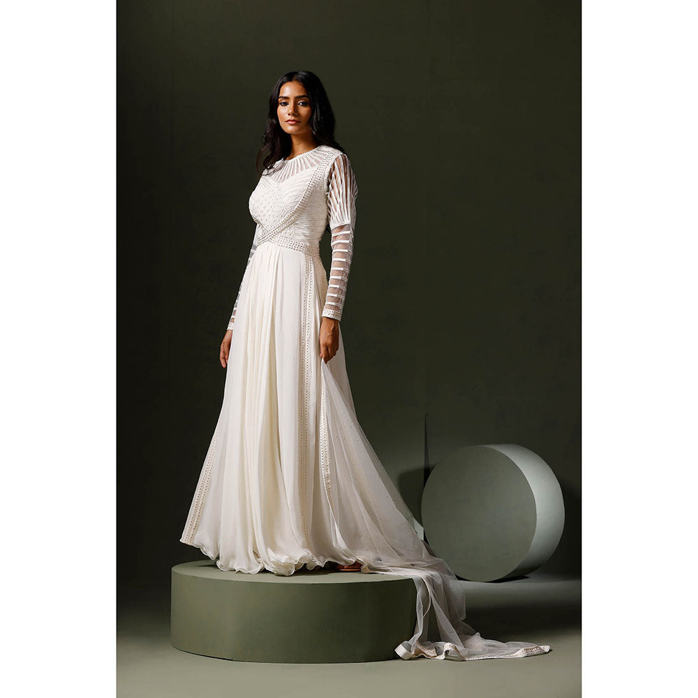 "Two Sisters" by Gyans White Lace and Crystal Anarkali with Bodice Net and Dupatta (Set of 3)