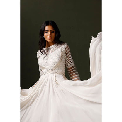 "Two Sisters" by Gyans White Lace and Crystal Anarkali with Bodice Net and Dupatta (Set of 3)