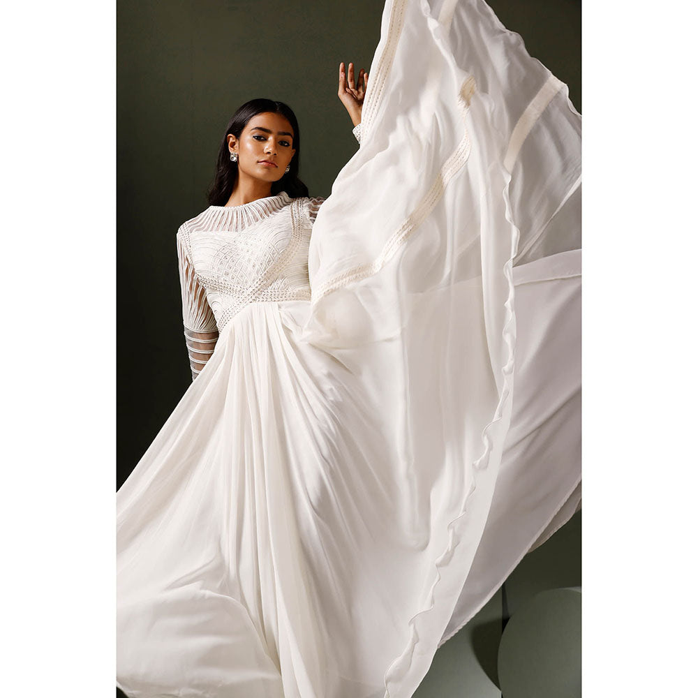 "Two Sisters" by Gyans White Lace and Crystal Anarkali with Bodice Net and Dupatta (Set of 3)