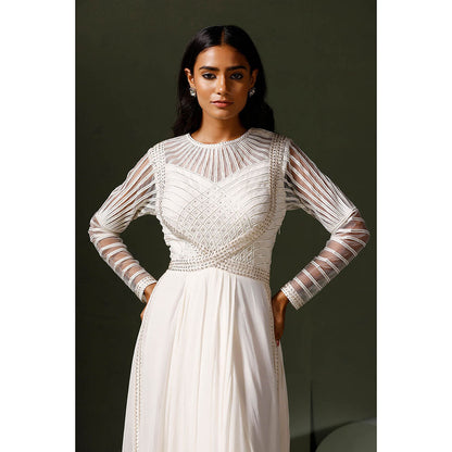 "Two Sisters" by Gyans White Lace and Crystal Anarkali with Bodice Net and Dupatta (Set of 3)