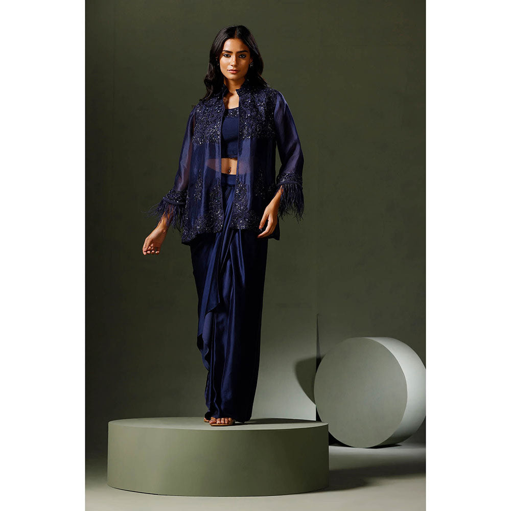 "Two Sisters" by Gyans Blue Organza Jacket with Drape Skirt and Blouse (Set of 3)