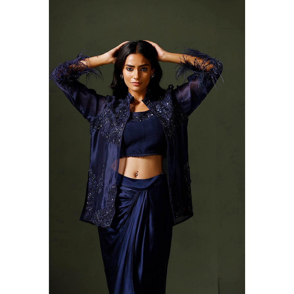 "Two Sisters" by Gyans Blue Organza Jacket with Drape Skirt and Blouse (Set of 3)