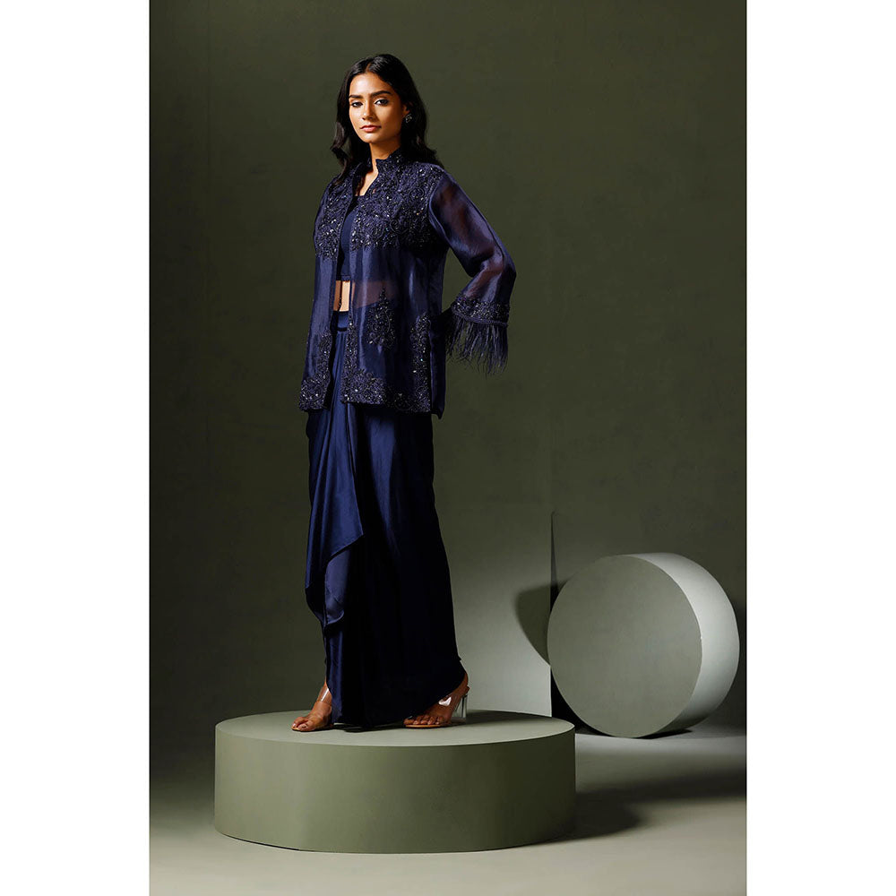 "Two Sisters" by Gyans Blue Organza Jacket with Drape Skirt and Blouse (Set of 3)