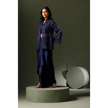 "Two Sisters" by Gyans Blue Organza Jacket with Drape Skirt and Blouse (Set of 3)
