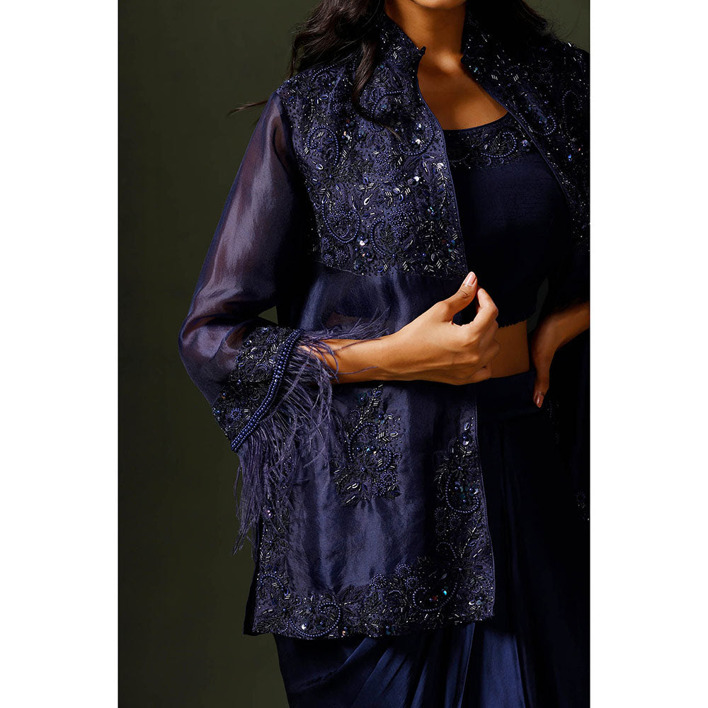 "Two Sisters" by Gyans Blue Organza Jacket with Drape Skirt and Blouse (Set of 3)