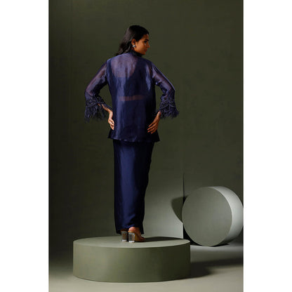 "Two Sisters" by Gyans Blue Organza Jacket with Drape Skirt and Blouse (Set of 3)