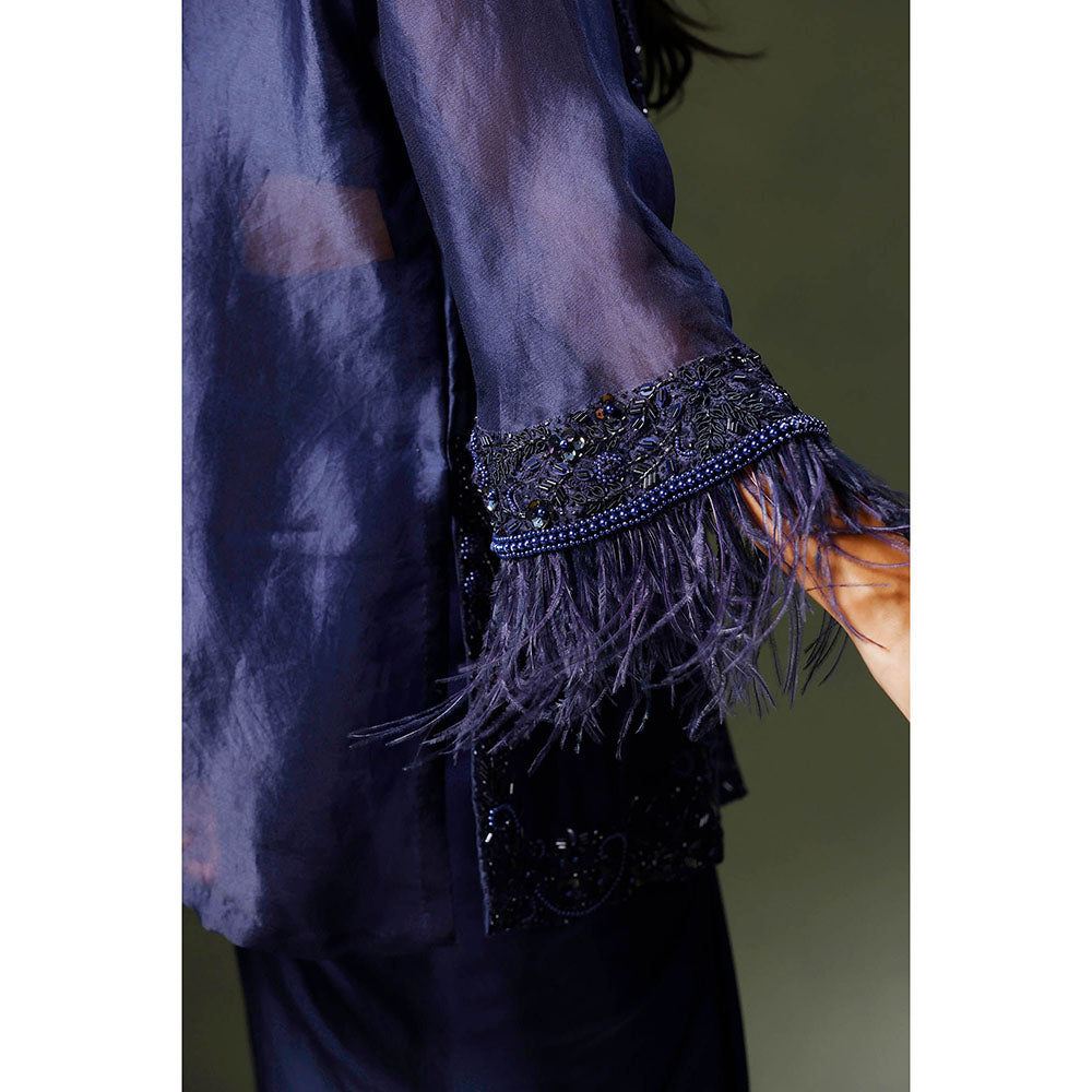 "Two Sisters" by Gyans Blue Organza Jacket with Drape Skirt and Blouse (Set of 3)