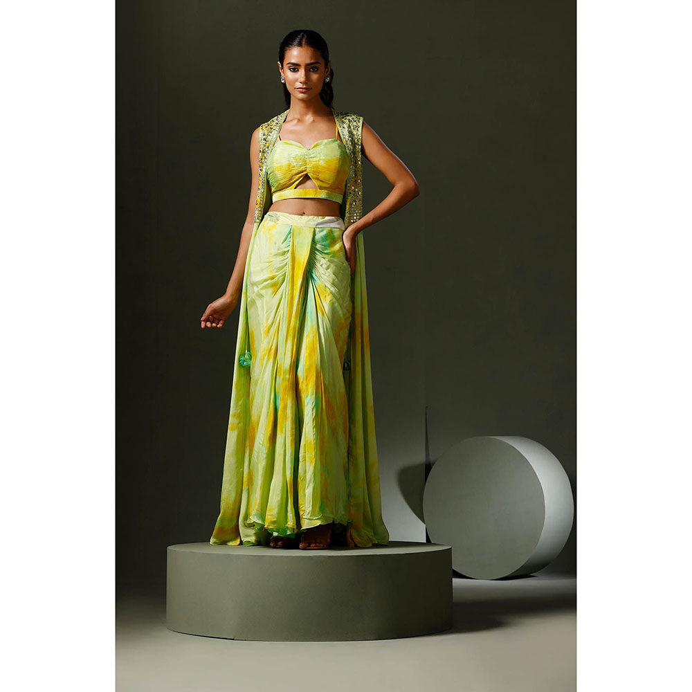 "Two Sisters" by Gyans Green Dyeing Cape with Drape Skirt and Blouse (Set of 3)