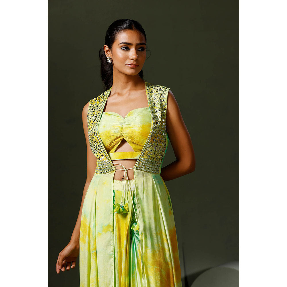 "Two Sisters" by Gyans Green Dyeing Cape with Drape Skirt and Blouse (Set of 3)