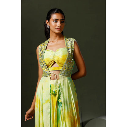 "Two Sisters" by Gyans Green Dyeing Cape with Drape Skirt and Blouse (Set of 3)