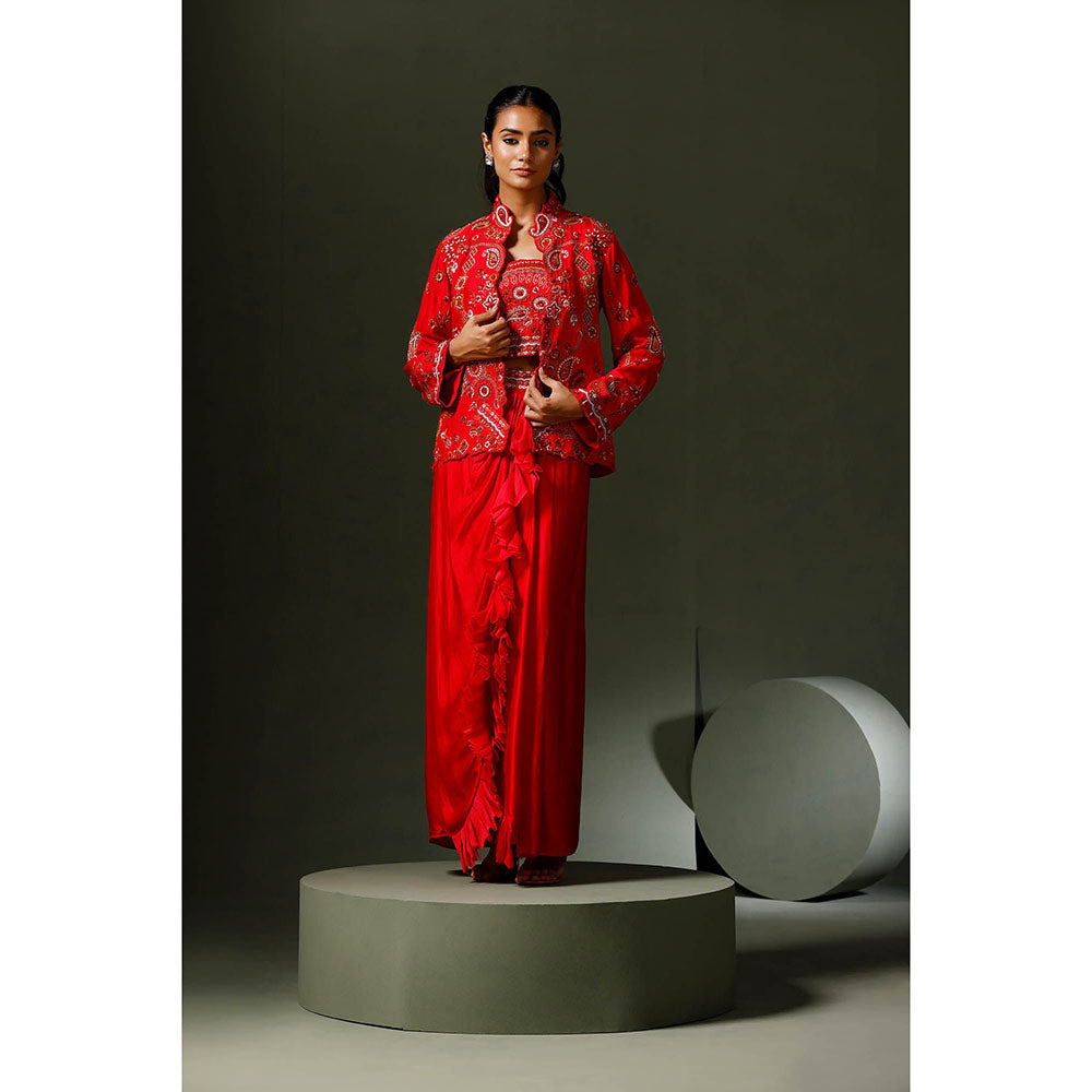 "Two Sisters" by Gyans Red Embroidered Jacket with Drape Skirt and Blouse (Set of 3)