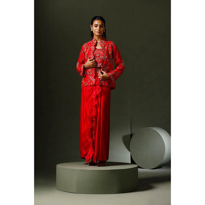 "Two Sisters" by Gyans Red Embroidered Jacket with Drape Skirt and Blouse (Set of 3)