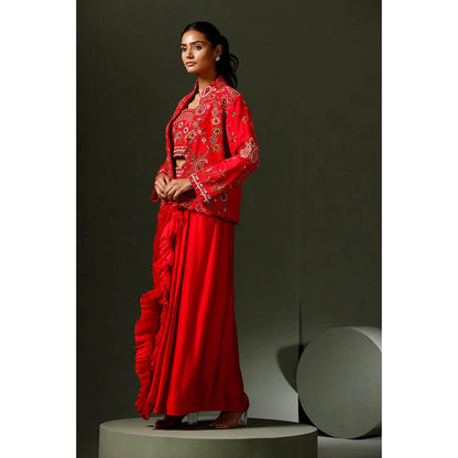 "Two Sisters" by Gyans Red Embroidered Jacket with Drape Skirt and Blouse (Set of 3)