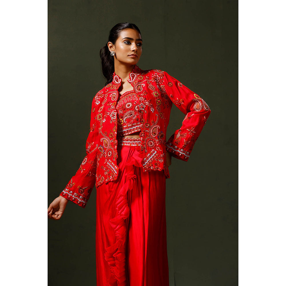 "Two Sisters" by Gyans Red Embroidered Jacket with Drape Skirt and Blouse (Set of 3)
