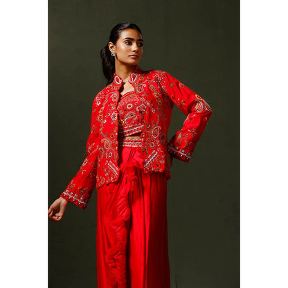 "Two Sisters" by Gyans Red Embroidered Jacket with Drape Skirt and Blouse (Set of 3)