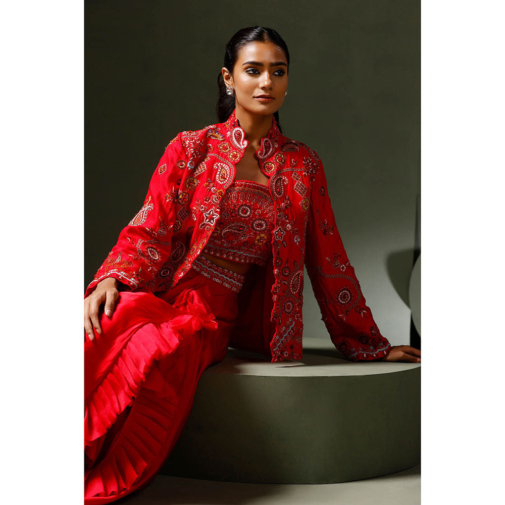 "Two Sisters" by Gyans Red Embroidered Jacket with Drape Skirt and Blouse (Set of 3)