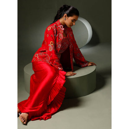 "Two Sisters" by Gyans Red Embroidered Jacket with Drape Skirt and Blouse (Set of 3)
