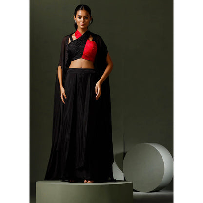 "Two Sisters" by Gyans Black Halter Blouse with Skirt and Cape (Set of 3)