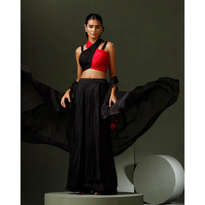"Two Sisters" by Gyans Black Halter Blouse with Skirt and Cape (Set of 3)