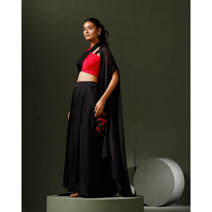 "Two Sisters" by Gyans Black Halter Blouse with Skirt and Cape (Set of 3)