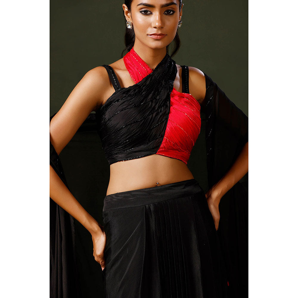 "Two Sisters" by Gyans Black Halter Blouse with Skirt and Cape (Set of 3)