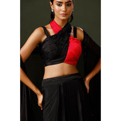 "Two Sisters" by Gyans Black Halter Blouse with Skirt and Cape (Set of 3)