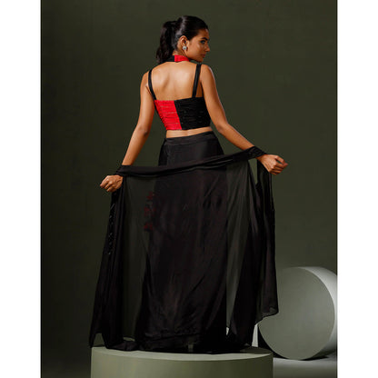 "Two Sisters" by Gyans Black Halter Blouse with Skirt and Cape (Set of 3)