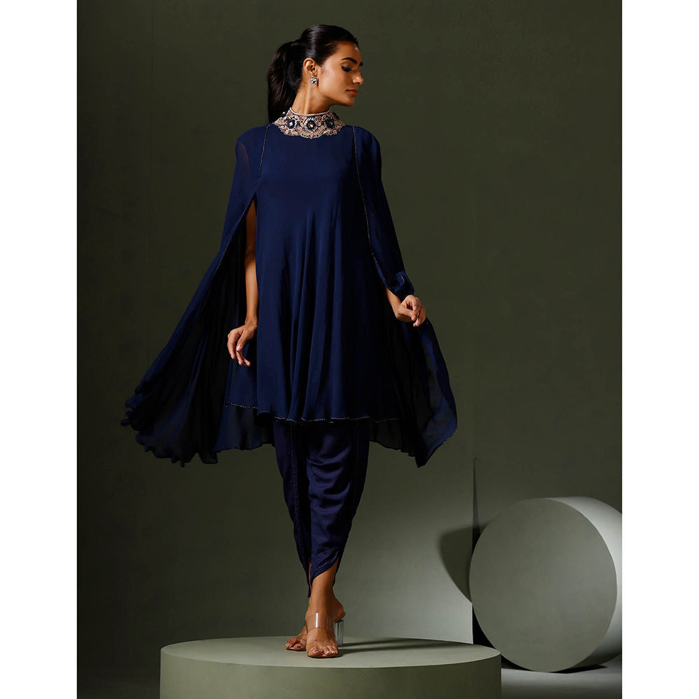 "Two Sisters" by Gyans Blue Jewelled Neck Cape Kurta with Tulip Pant (Set of 2)