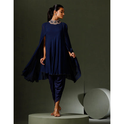"Two Sisters" by Gyans Blue Jewelled Neck Cape Kurta with Tulip Pant (Set of 2)