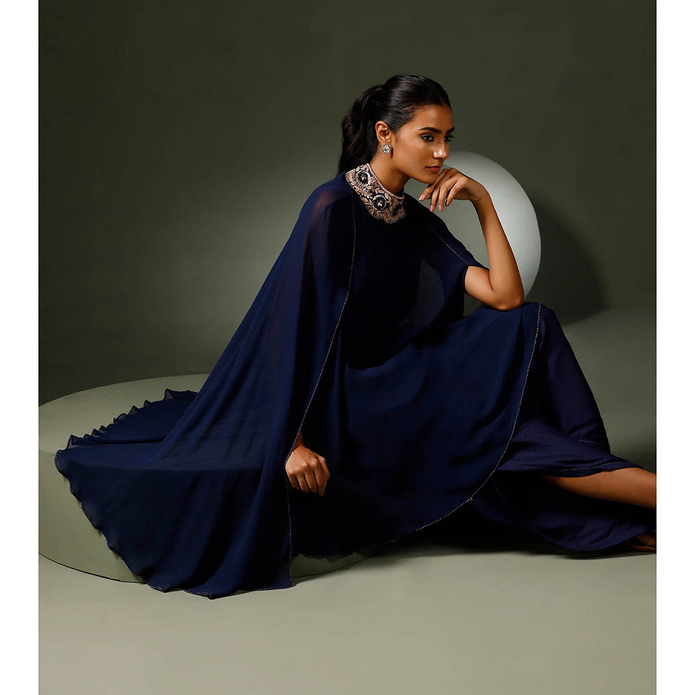 "Two Sisters" by Gyans Blue Jewelled Neck Cape Kurta with Tulip Pant (Set of 2)