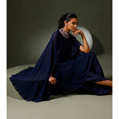"Two Sisters" by Gyans Blue Jewelled Neck Cape Kurta with Tulip Pant (Set of 2)