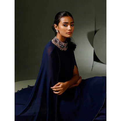 "Two Sisters" by Gyans Blue Jewelled Neck Cape Kurta with Tulip Pant (Set of 2)