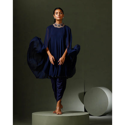 "Two Sisters" by Gyans Blue Jewelled Neck Cape Kurta with Tulip Pant (Set of 2)