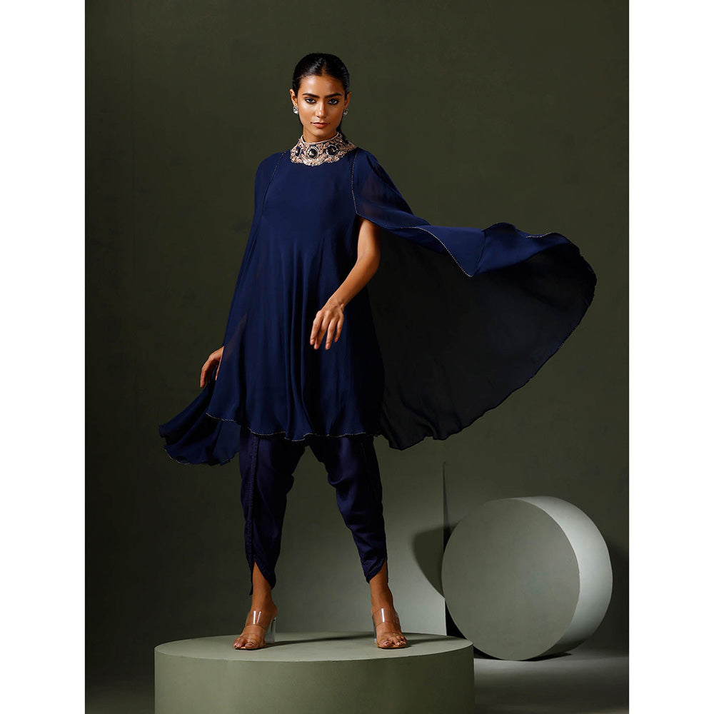 "Two Sisters" by Gyans Blue Jewelled Neck Cape Kurta with Tulip Pant (Set of 2)