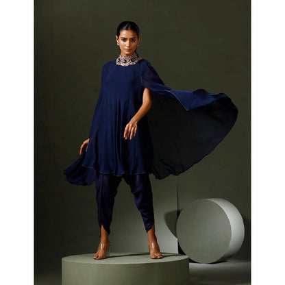 "Two Sisters" by Gyans Blue Jewelled Neck Cape Kurta with Tulip Pant (Set of 2)