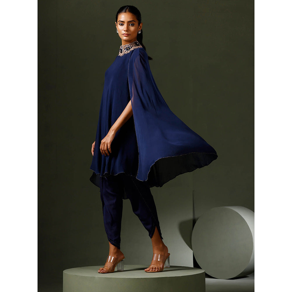 "Two Sisters" by Gyans Blue Jewelled Neck Cape Kurta with Tulip Pant (Set of 2)