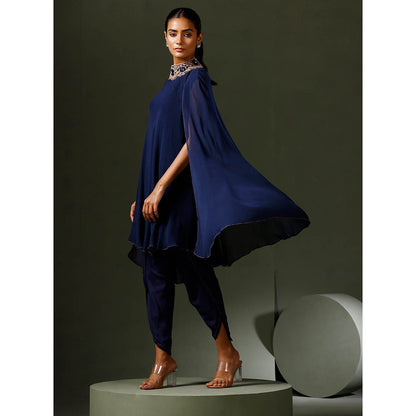 "Two Sisters" by Gyans Blue Jewelled Neck Cape Kurta with Tulip Pant (Set of 2)