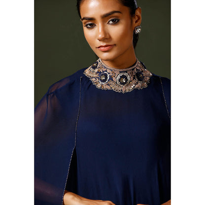 "Two Sisters" by Gyans Blue Jewelled Neck Cape Kurta with Tulip Pant (Set of 2)