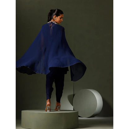 "Two Sisters" by Gyans Blue Jewelled Neck Cape Kurta with Tulip Pant (Set of 2)