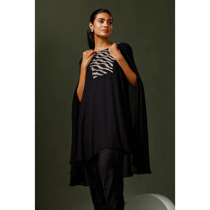"Two Sisters" by Gyans Black Cape Kurta with Tulip Pant (Set of 2)