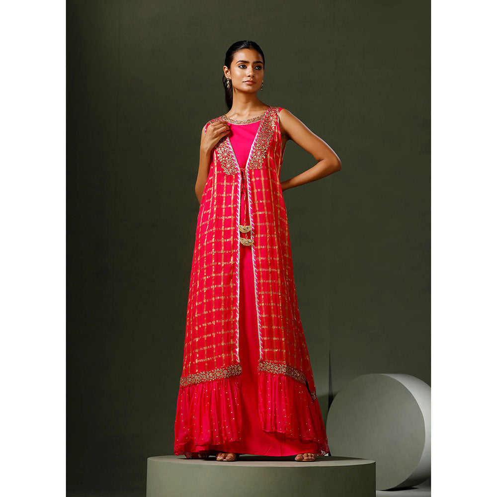 "Two Sisters" by Gyans Pink Banarasi Organza Jacket and Gown (Set of 2)