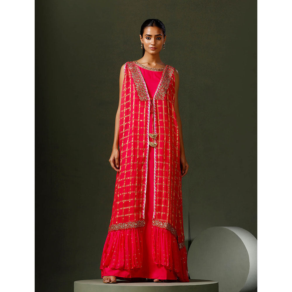 "Two Sisters" by Gyans Pink Banarasi Organza Jacket and Gown (Set of 2)