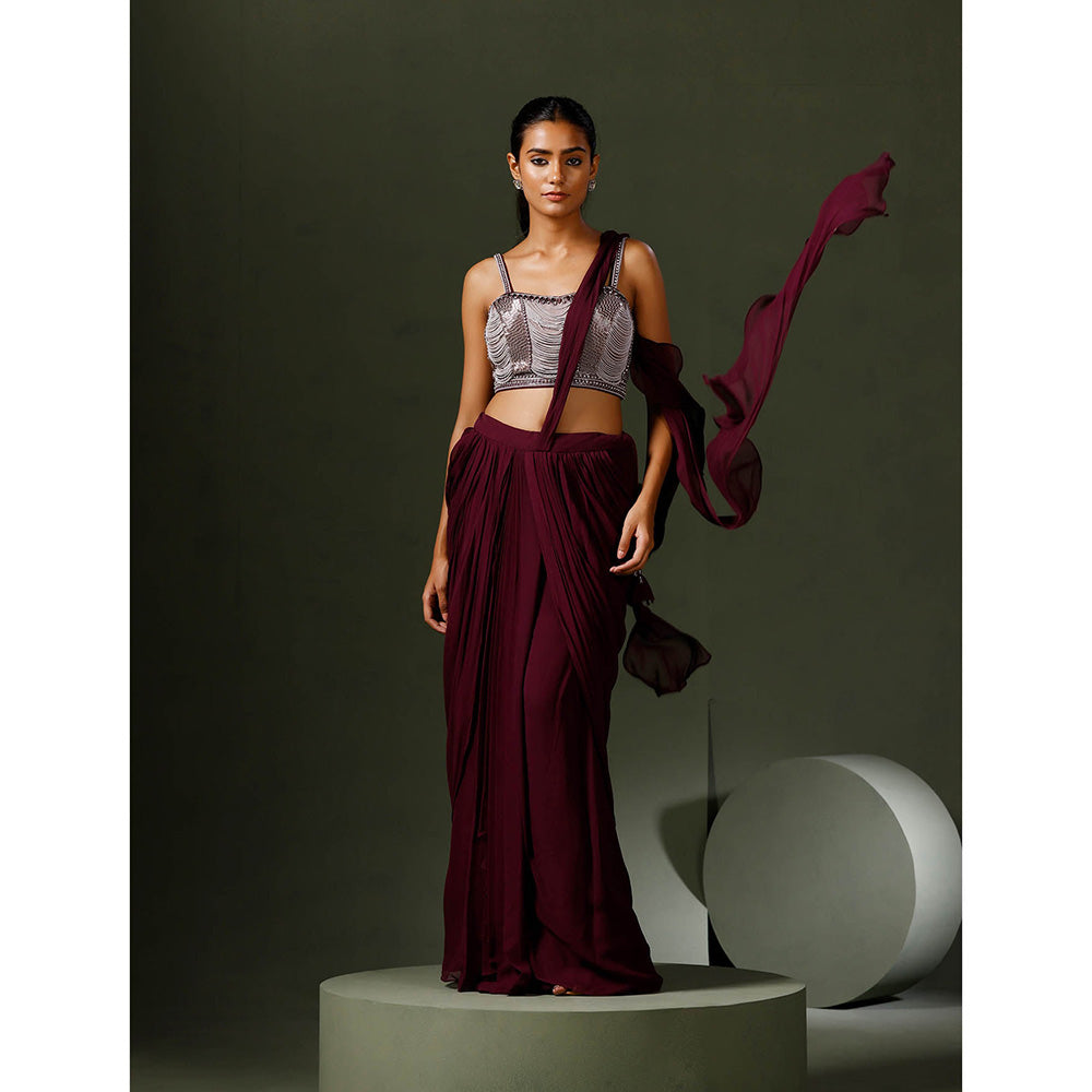 "Two Sisters" by Gyans Wine Pearl Draped Saree with Stitched Blouse